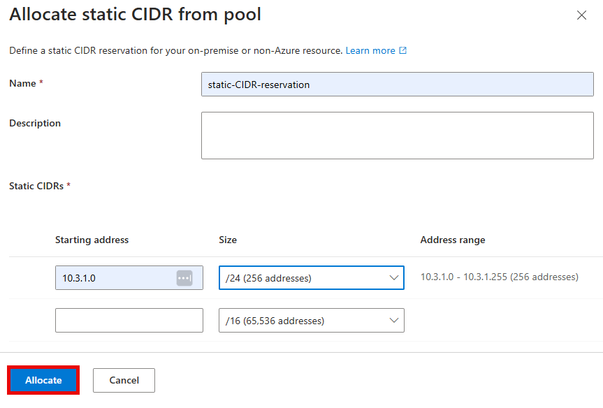 Screenshot of Allocate static CIDR from pool window with address range for CIDR reservation.