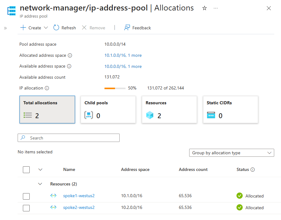 Screenshot of IP address pool allocations and statistics.