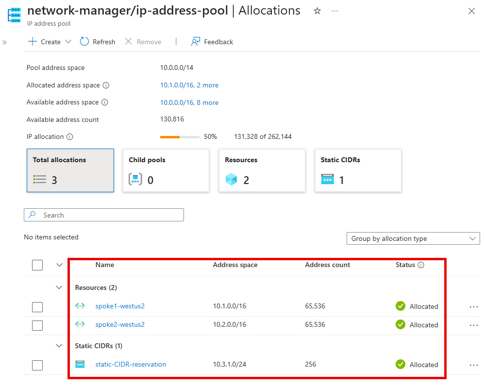 Screenshot showing details for individual IP address pool allocations.