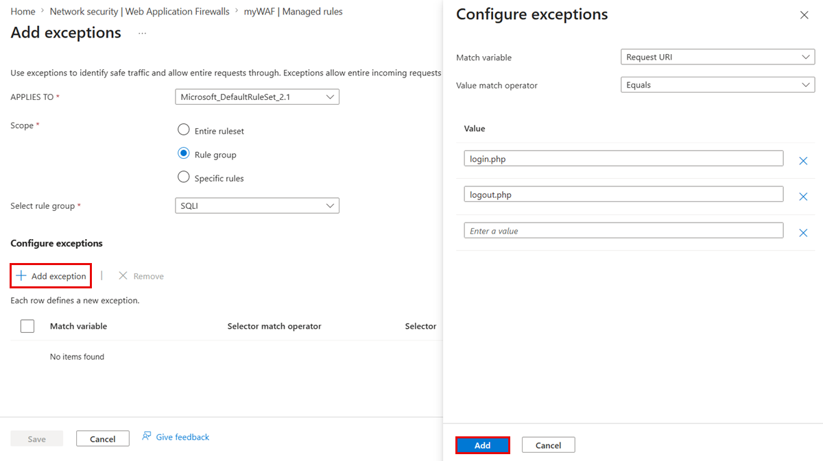 Screenshot that shows how to configure the match variable, value match operator, and values for the exception in a WAF policy in the Azure portal.