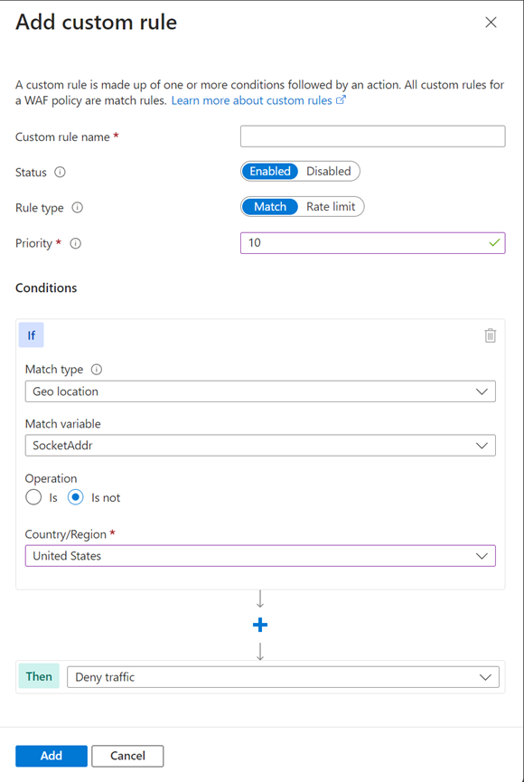 Screenshot showing the Front Door WAF add custom rule screen.