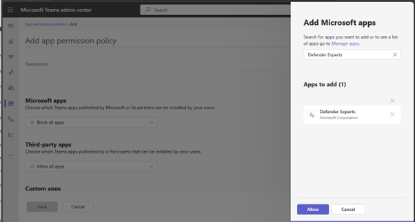Screenshot of the app permission policy flyout panel with Defender Experts set to Allow.