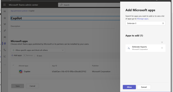 Screenshot of the Add apps panel with the Defender Experts app set to Allow.