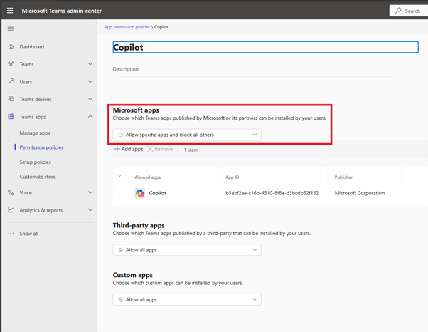 Screenshot of the Microsoft apps policy set to Allow specific apps and block all others.