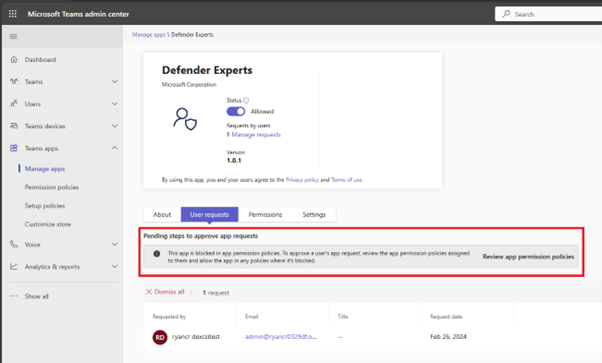 Screenshot of the Defender Experts app showing a blocked app permission policy notification in Teams.