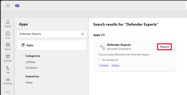 Screenshot of the Defender Experts app request page in Microsoft Teams.