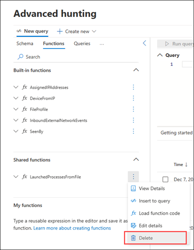 Screenshot of the function context menu with the Delete option for a custom function.