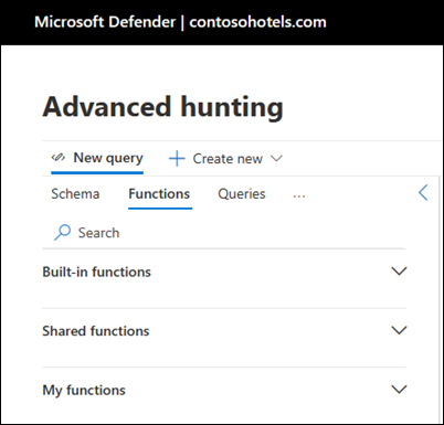 Screenshot of advanced hunting functions pane showing Built-in functions, Shared functions, and My functions categories.