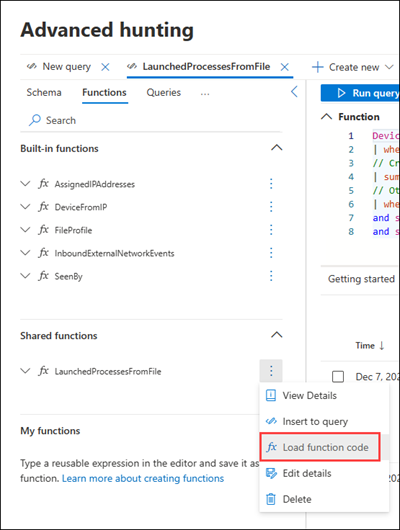 Screenshot of the Load function code option in the function context menu.