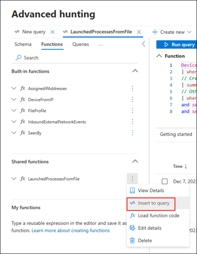 Screenshot of the Open in query editor option in the function context menu.