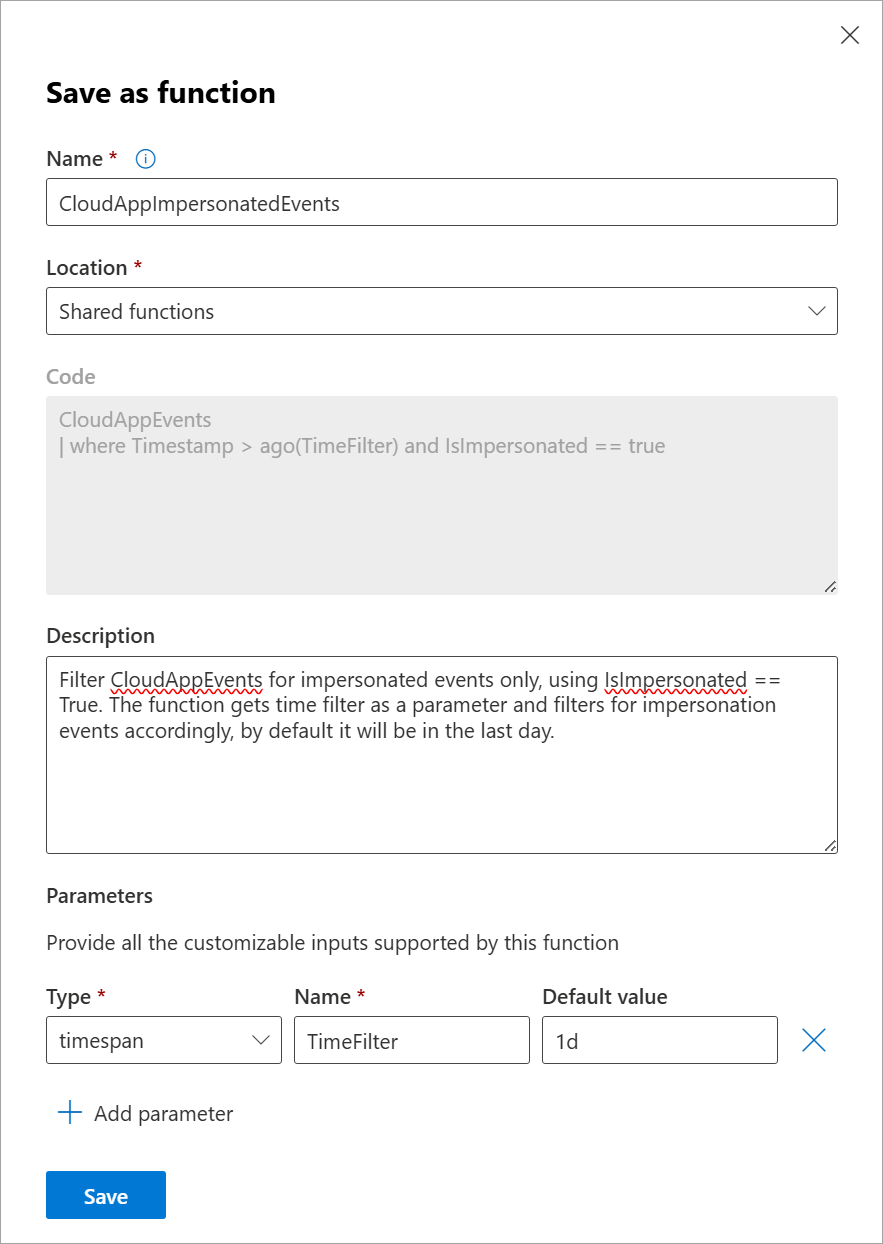 Screenshot of the Save as function panel used to define a custom function's name, storage location, description, and parameters.