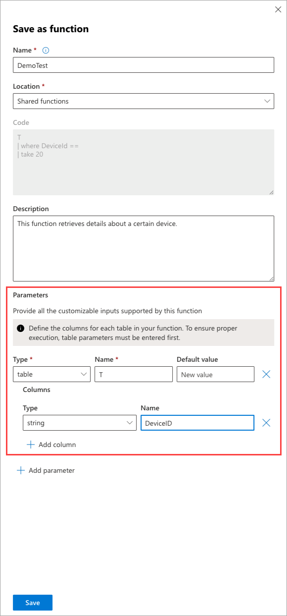 Screenshot of the table parameter configuration with column mapping in custom functions.