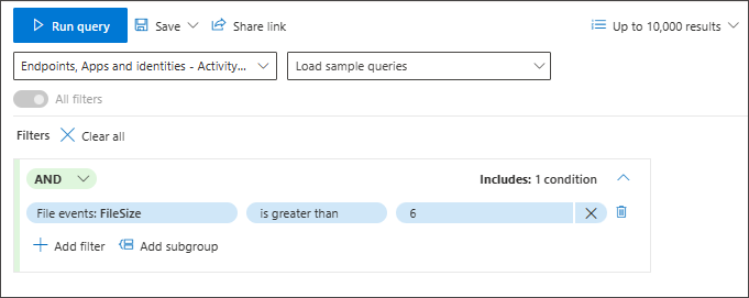 Screenshot of the query builder with a numeric field added as a condition