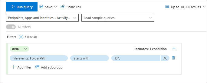 Screenshot of the query builder with a string field configured as a condition