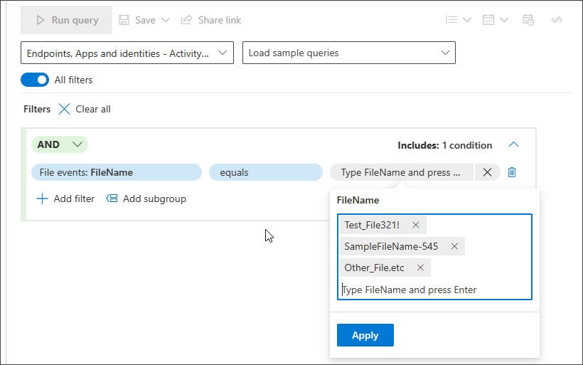 Screenshot of the query builder showing multiple string values entered as filter conditions