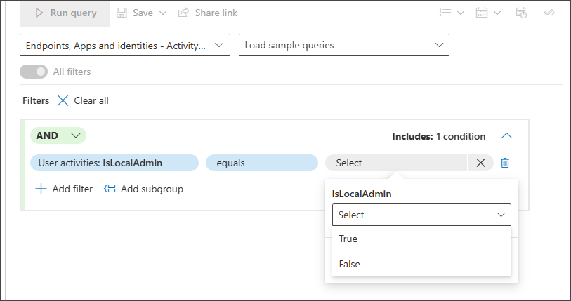 Screenshot of the query builder with a Boolean field used as a condition