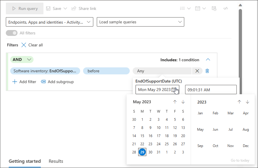 Screenshot of the query builder with a datetime field configured as a condition