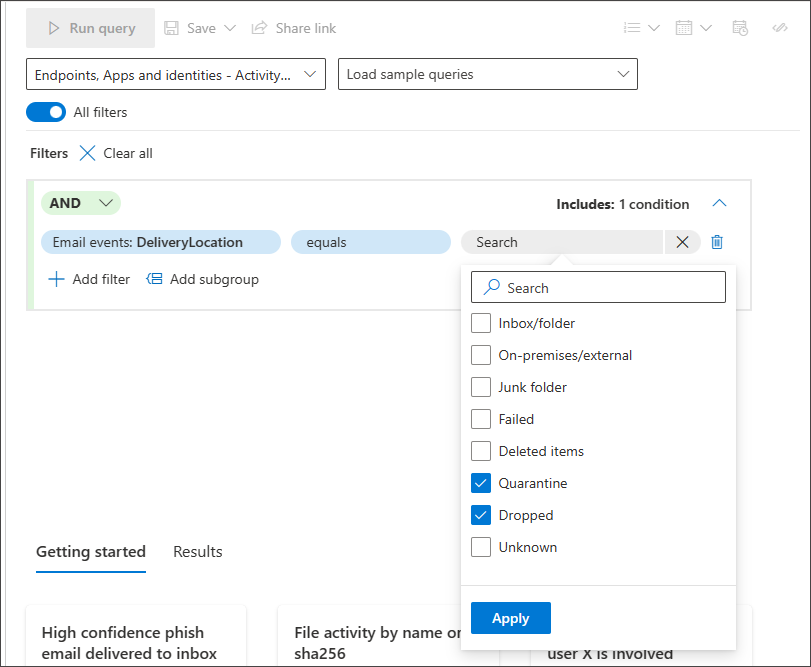 Screenshot of the query builder with a predefined list of values available for multi-selection as a condition