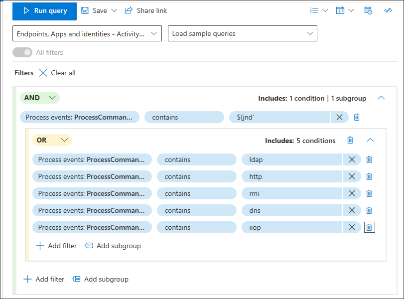 Screenshot showing use of subgroups in query builder conditions