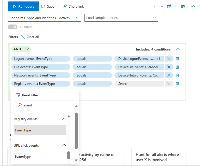 Screenshot of the Registry Events EventType list showing available registry event values