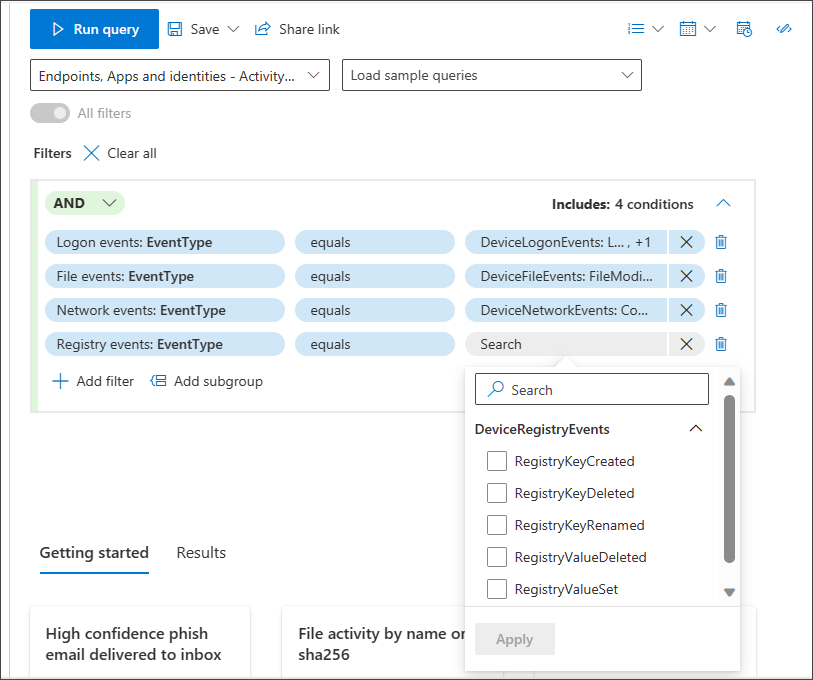 Screenshot of the Registry Events filter with EventType set to RegistryValueDeleted