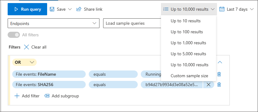 Screenshot of the Sample size dropdown used to limit returned records while testing a query