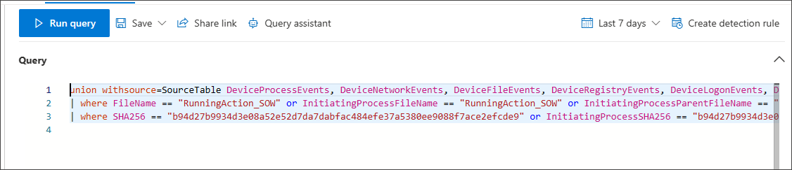 Screenshot of the generated KQL query in advanced mode for a guided query searching file name and SHA256 across all relevant tables