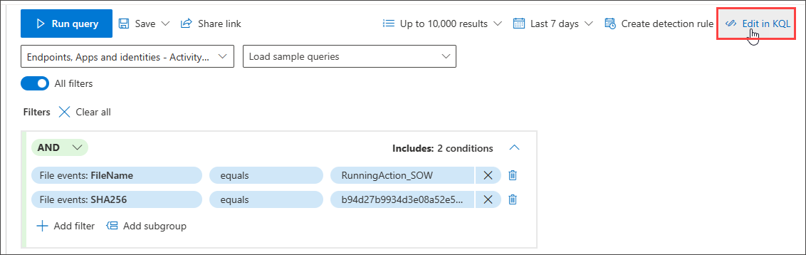 Screenshot of guided mode showing the Edit in KQL control used to open the generated query in advanced mode