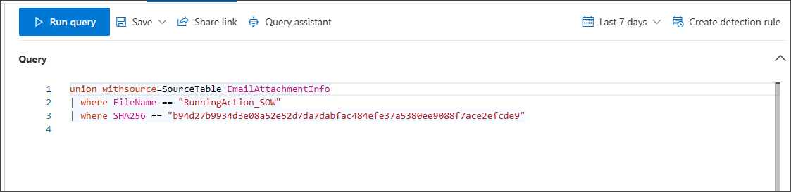 Screenshot of the generated KQL query in advanced mode narrowed to Emails & collaboration tables for the file-name and SHA256 example