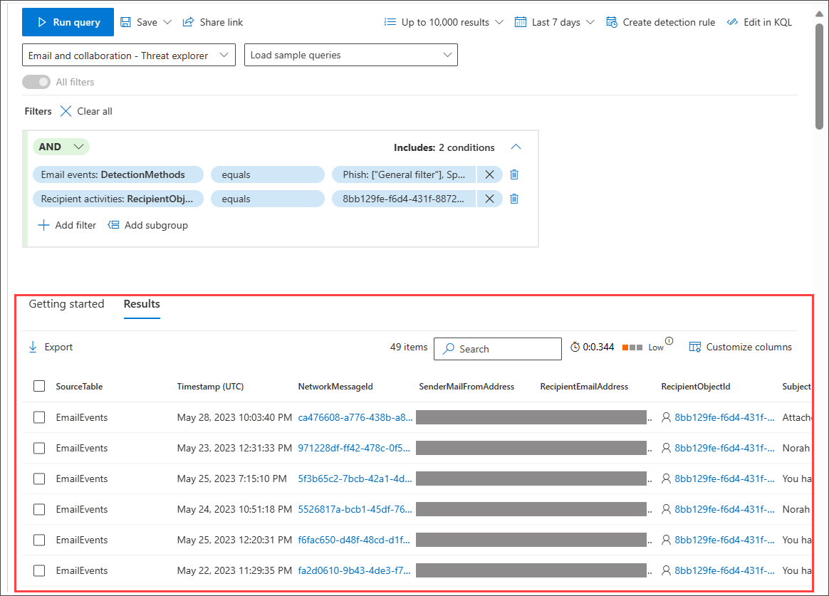 Screenshot of the Results tab showing query output in guided mode for advanced hunting