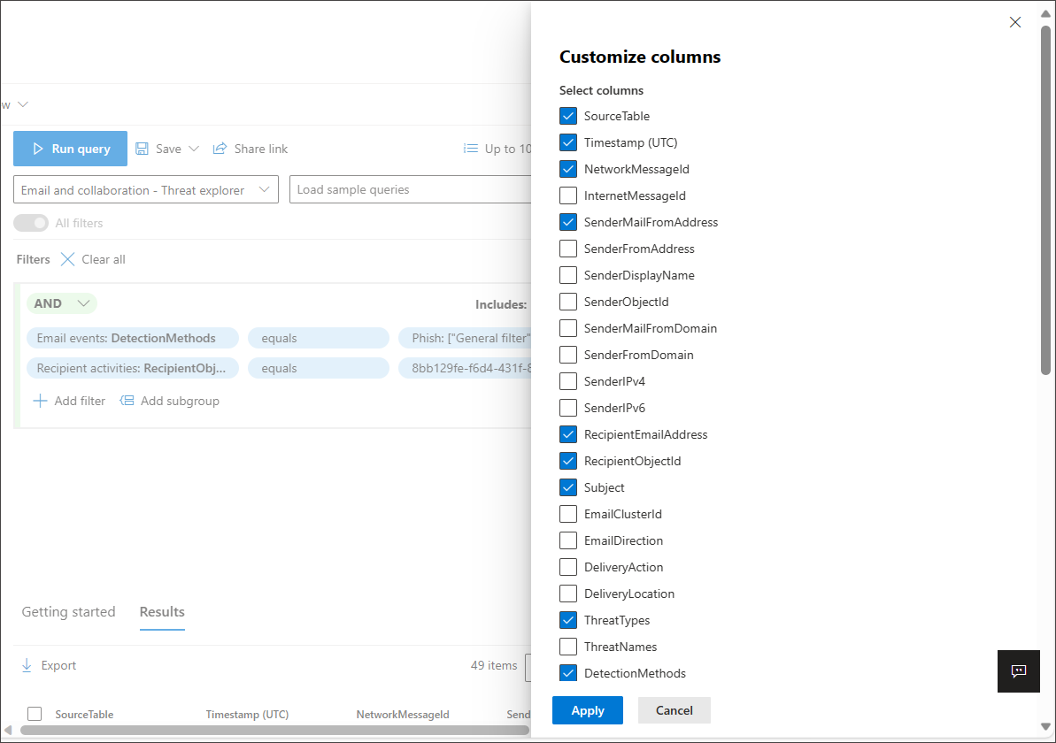 Screenshot of the Customize columns picker showing available columns to control which fields appear in query results