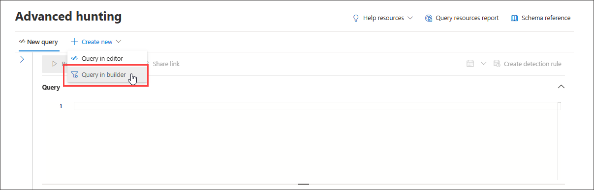 Screenshot of the advanced hunting page with the Query in builder option selected to open guided mode