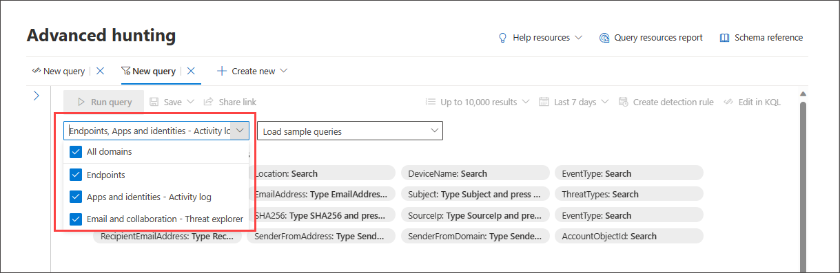 Screenshot of the guided mode query builder with the data domain dropdown open for selecting a hunting scope