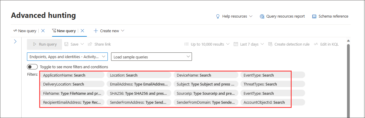 Screenshot of the guided mode query builder showing the default basic filters available for defining a query
