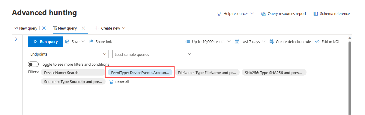 Screenshot of the guided mode query builder with endpoint-specific filters displayed after selecting the Endpoints domain