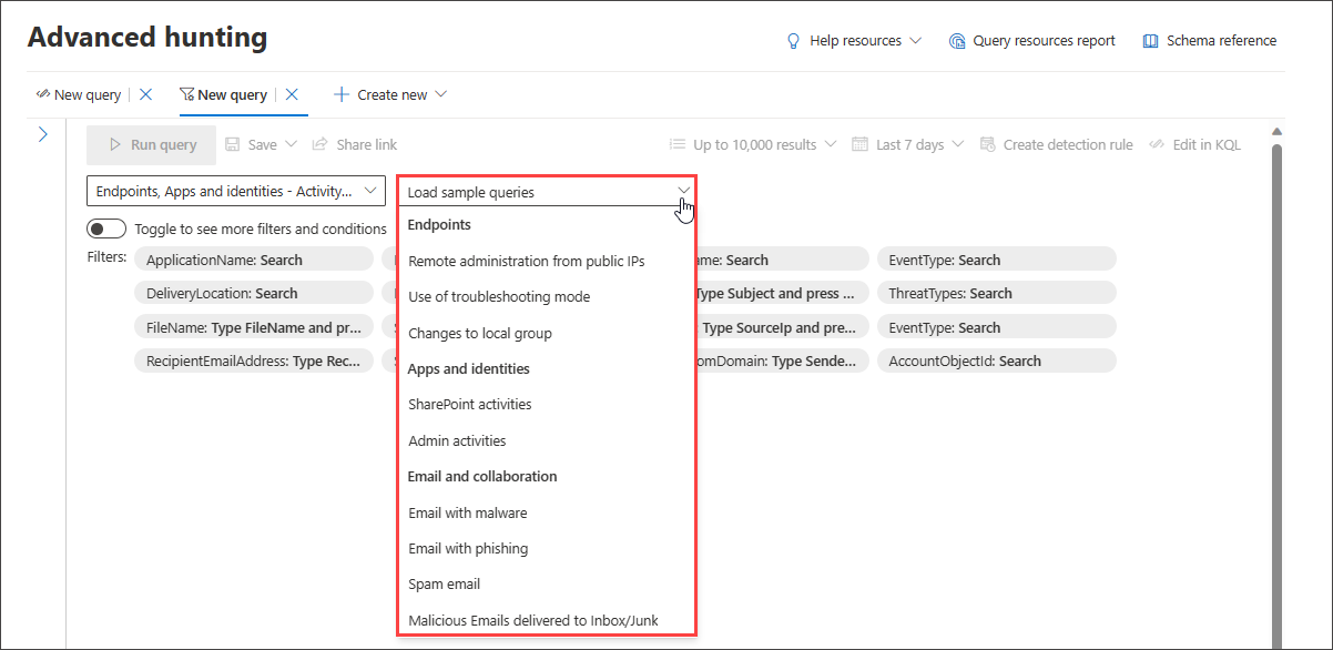Screenshot of the guided mode query builder showing predefined sample queries available to load from the dropdown menu