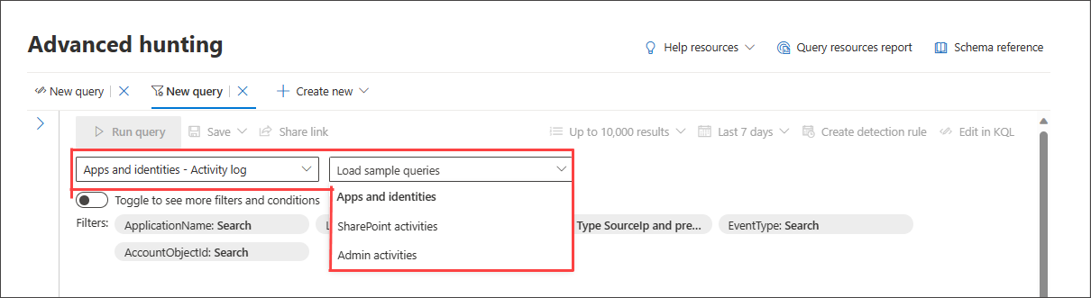 Screenshot of the guided mode query builder showing sample queries filtered to match the previously selected domain
