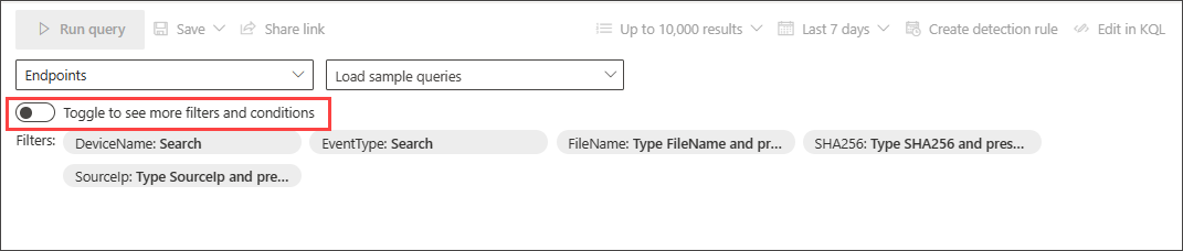 Screenshot of the guided mode query builder showing the toggle option for enabling additional filters and conditions