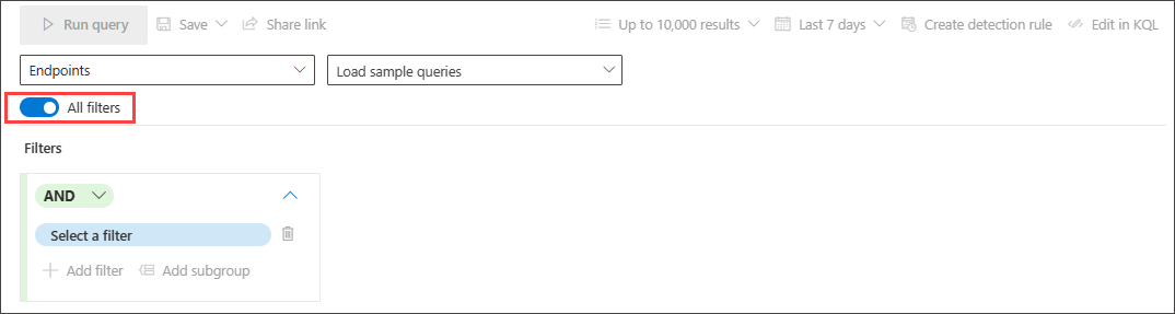 Screenshot of the guided mode query builder with All filters enabled, showing expanded filter categories available for building more complex conditions
