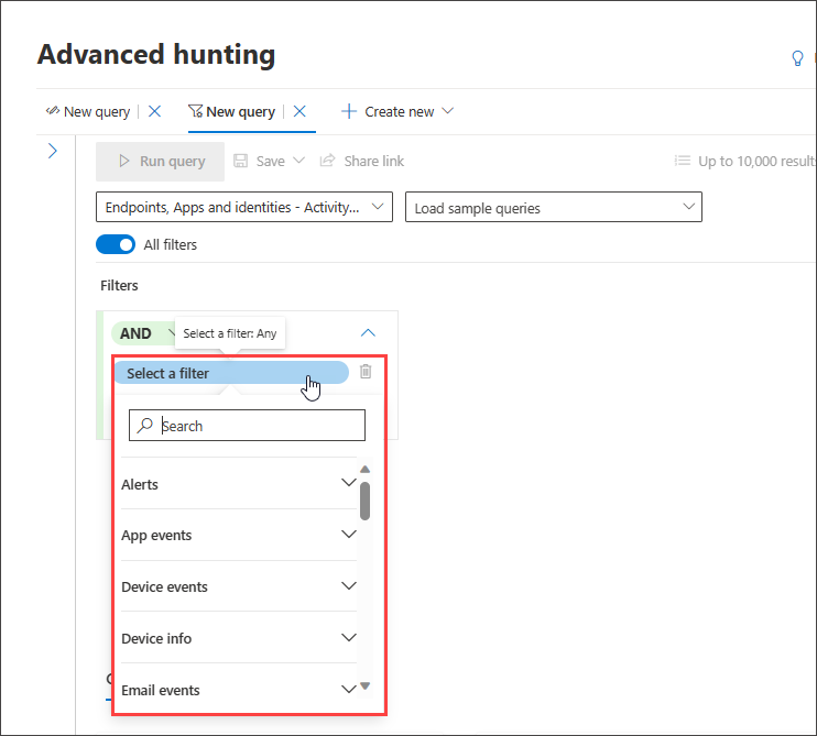 Screenshot of the guided mode query builder showing the filter selection list for choosing a field to add as a query condition