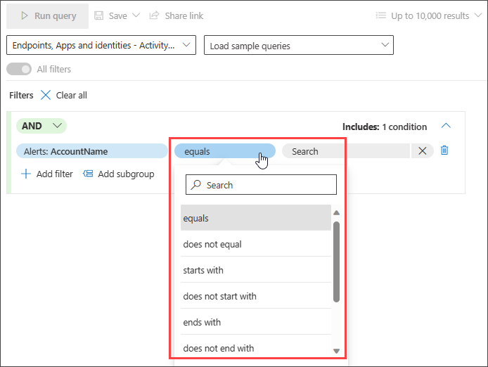 Screenshot of the guided mode query builder showing the condition operator options available after selecting a filter