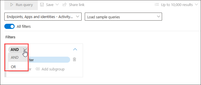 Screenshot of the guided mode query builder showing AND and OR options for combining multiple query conditions