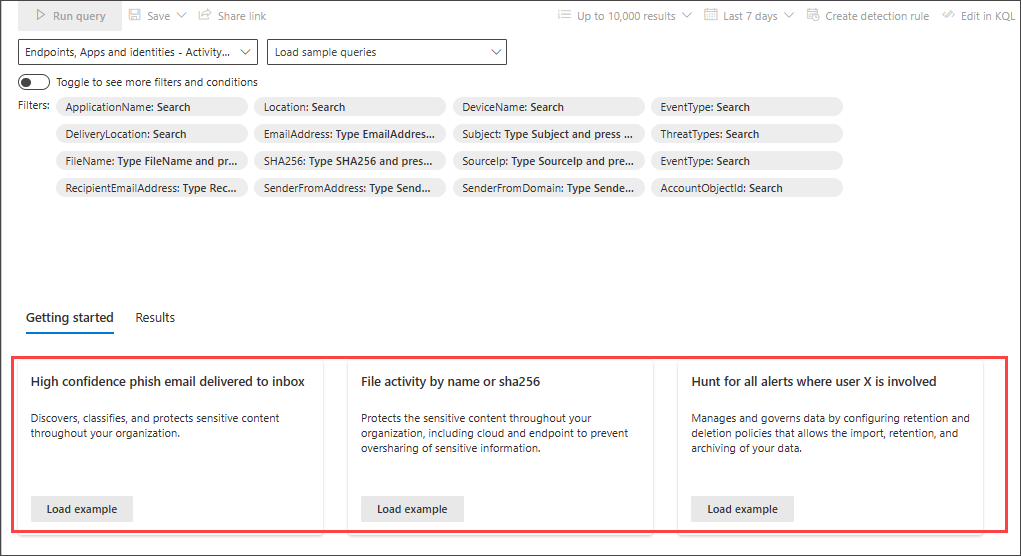 Screenshot of the Getting started section showing sample guided queries that open step-by-step teaching bubbles for building a query