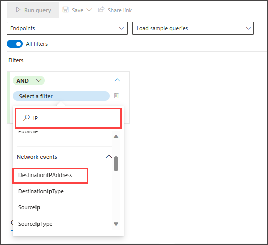 Screenshot of the guided mode query builder showing IP-related filter suggestions after typing ip in the search box to hunt for connections to a specific IP address