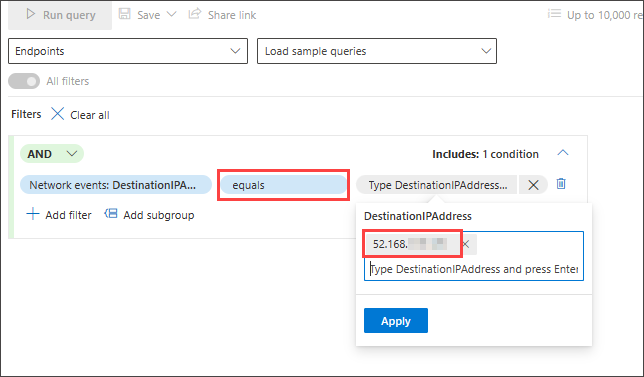 Screenshot of the guided mode query builder with a DestinationIPAddress equals condition set to the specified IP address