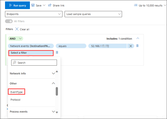 Screenshot of the guided mode query builder adding an EventType condition to filter for successful network communication events