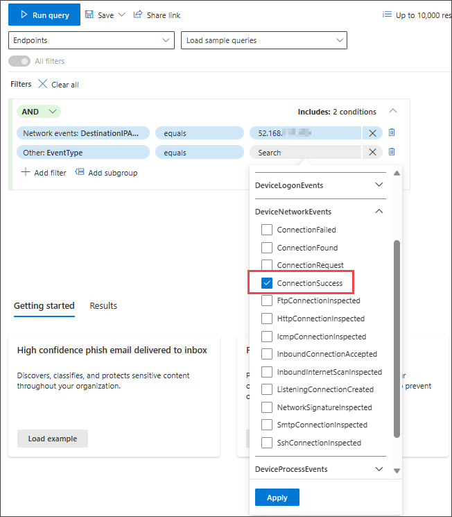 Screenshot of the guided mode query builder with the ConnectionSuccess event type selected under DeviceNetworkEvents as a condition for the IP address hunt