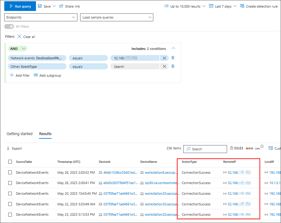 Screenshot of query results showing successful network communication events to the specified destination IP address