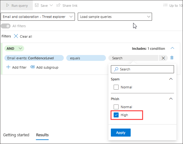 Screenshot of the guided mode query builder with ConfidenceLevel set to High for both Phish and Spam under Email Events