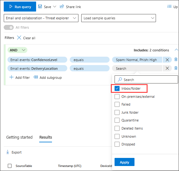 Screenshot of the guided mode query builder adding a DeliveryLocation condition set to Inbox/folder for the phishing email hunt